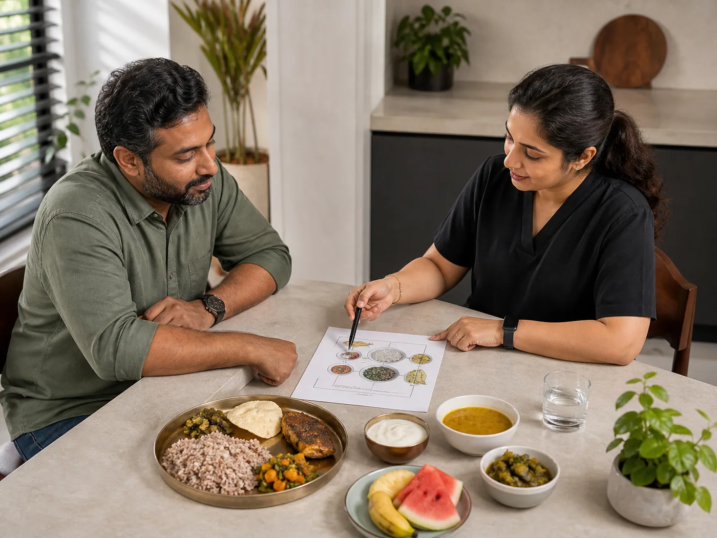 A Lyxaa clinical dietitian in a black uniform discussing a practical Kerala meal with an adult man