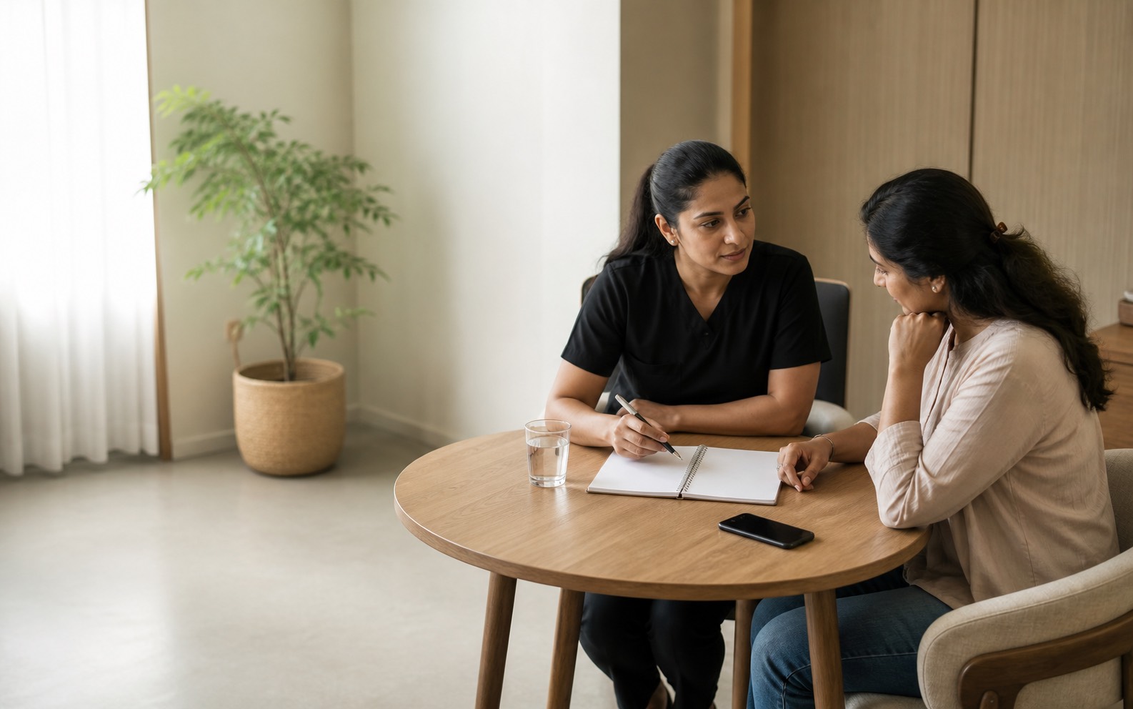 A Lyxaa health coach in a black uniform mapping a weekly routine with an adult woman