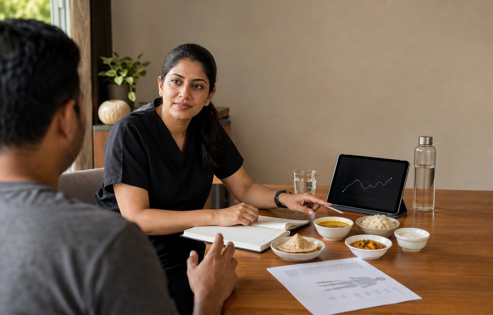 A Lyxaa dietitian in a black uniform discussing food tolerance, hydration and progress with an adult man