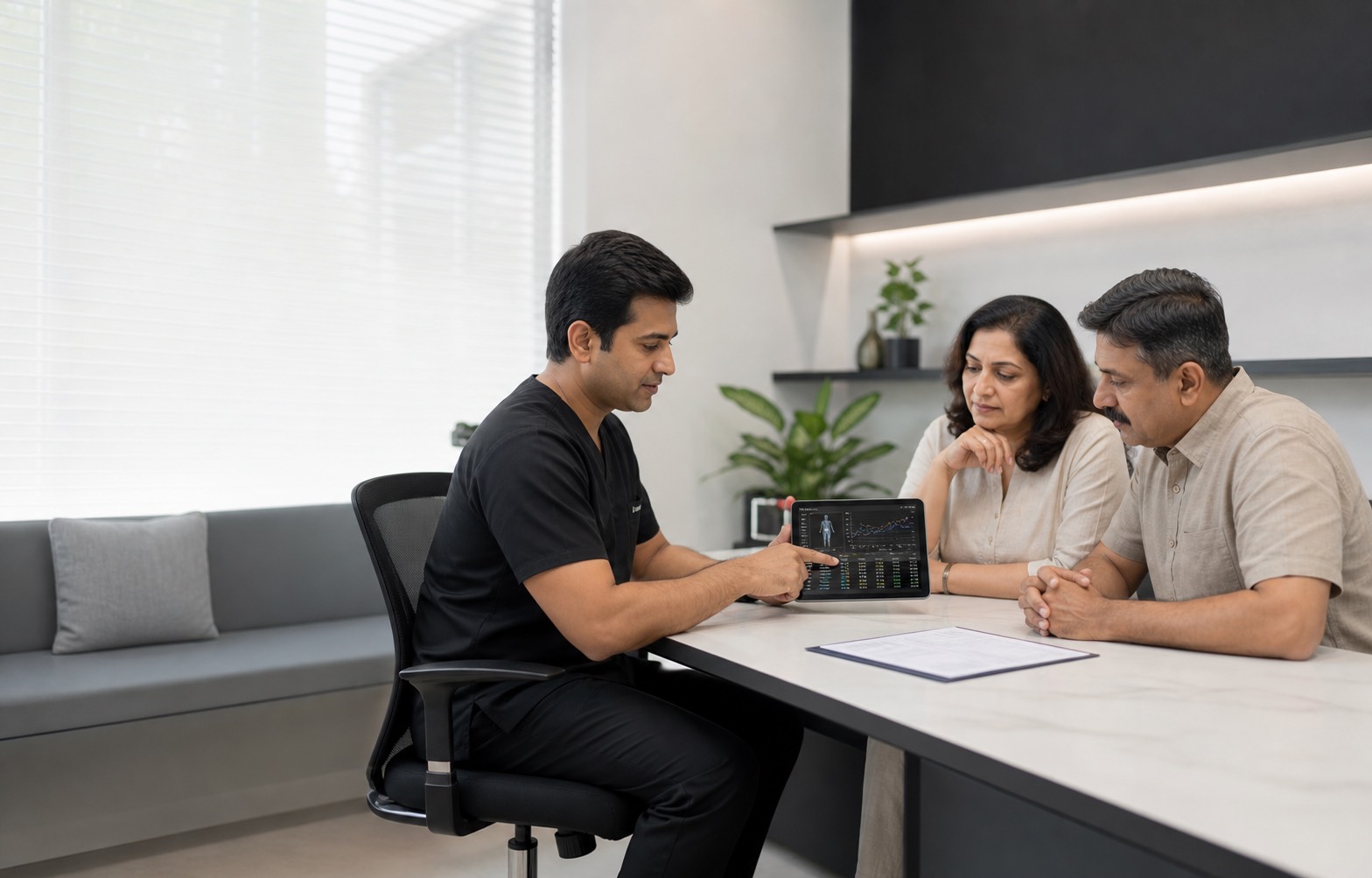 A Lyxaa doctor in a black clinical uniform reviewing health trends with two adults in Kozhikode
