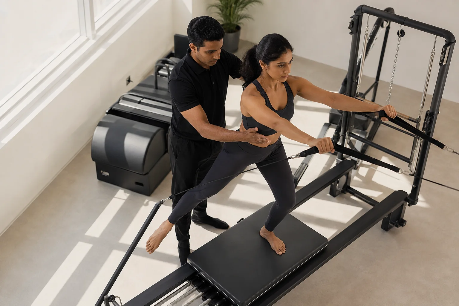 Endurance athlete practising standing spring resistance with a Pilates instructor in black uniform
