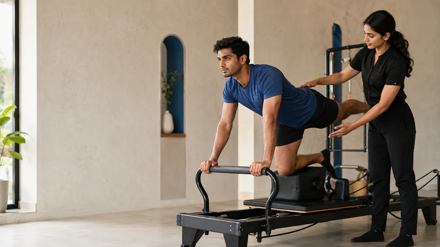 South Asian athlete practising controlled single-leg Pilates with an instructor in black uniform