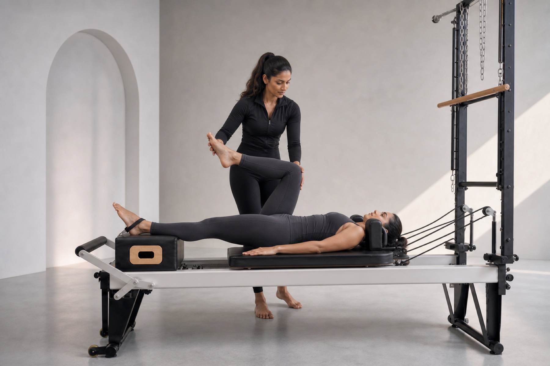 Physiotherapist guiding supported movement on a Clinical Pilates Reformer