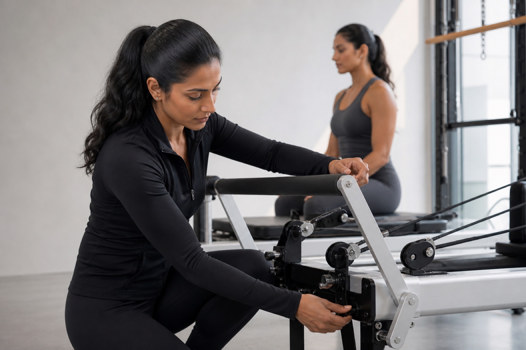 Physiotherapist in black preparing Reformer spring and footbar settings