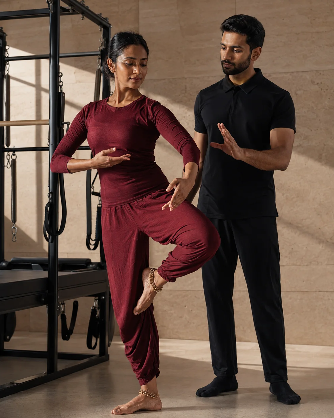 South Asian classical dancer practising controlled balance beside Pilates equipment with an instructor in black uniform