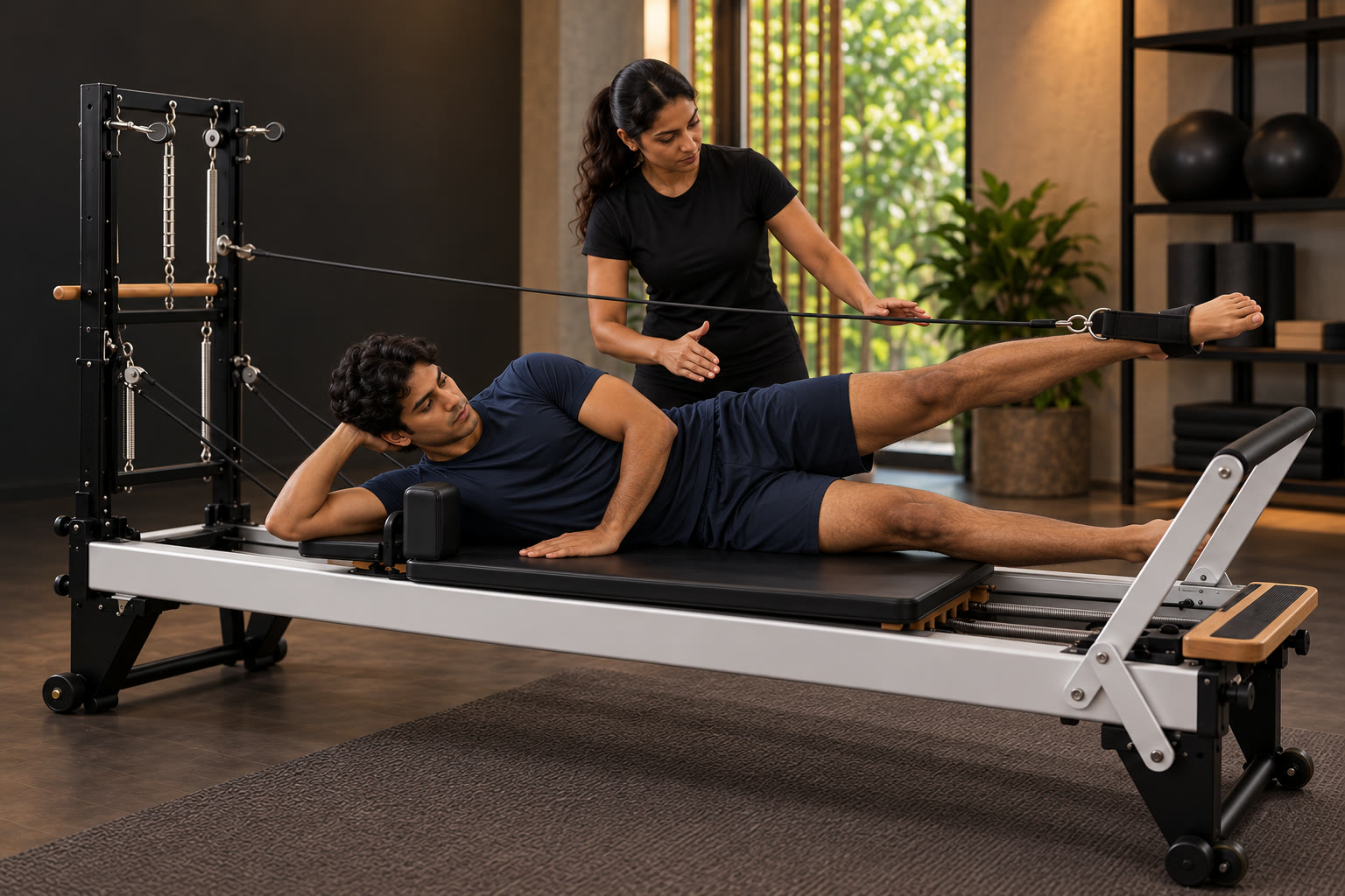 Adult South Asian dancer doing guided side-lying Pilates conditioning