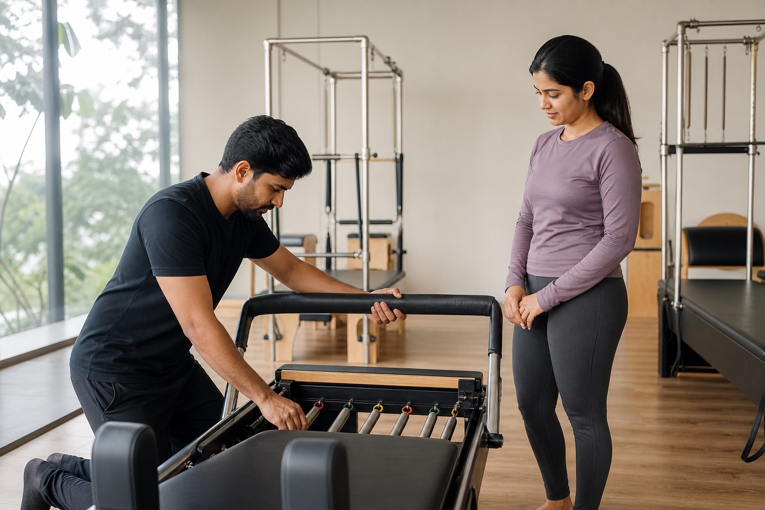 A black-uniform Pilates instructor adjusts a Reformer footbar and springs while a new adult client observes