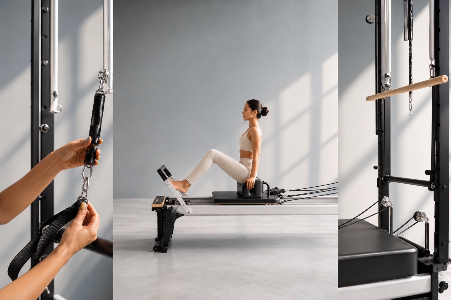 Reformer Pilates equipment details, controlled movement and Cadillac tower setup