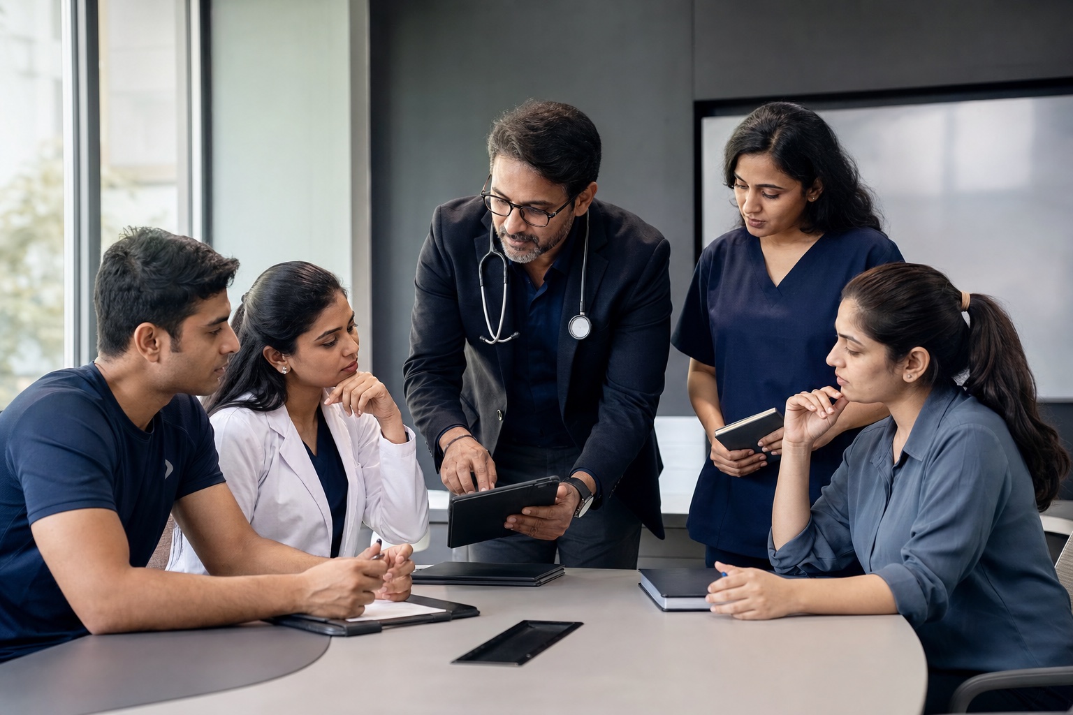 A mixed-gender clinical team reviewing a care plan together