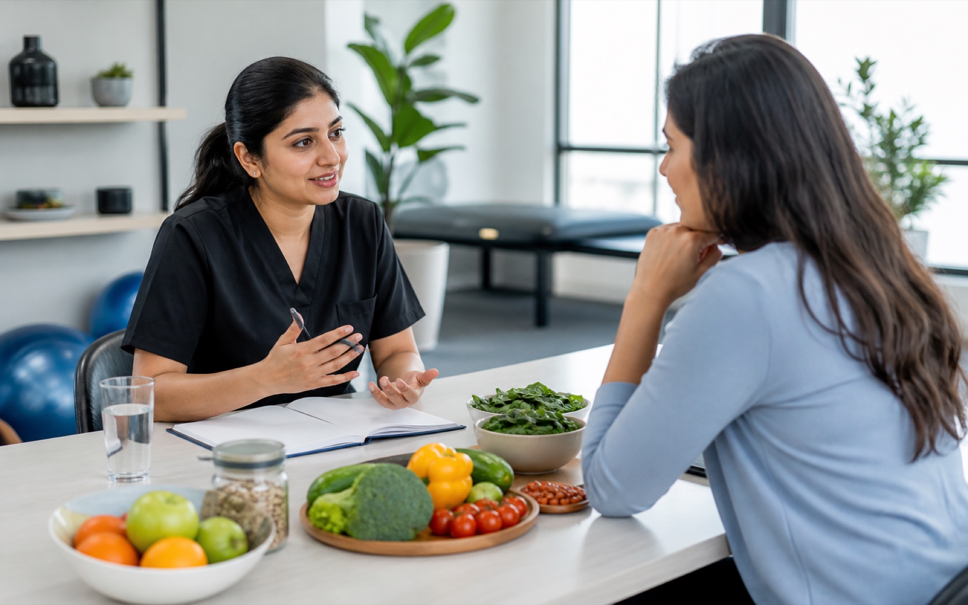 A clinical dietitian discussing practical nutrition guidance with an adult client