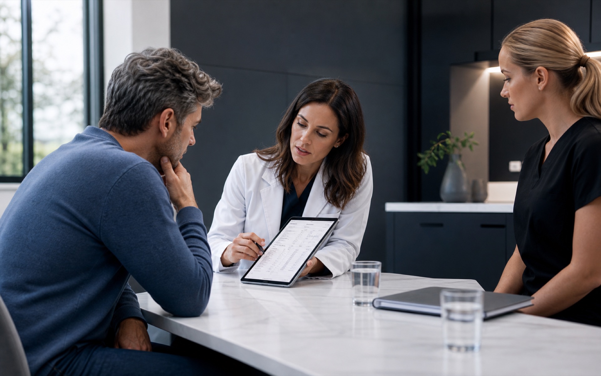A physician reviewing health results with an adult patient