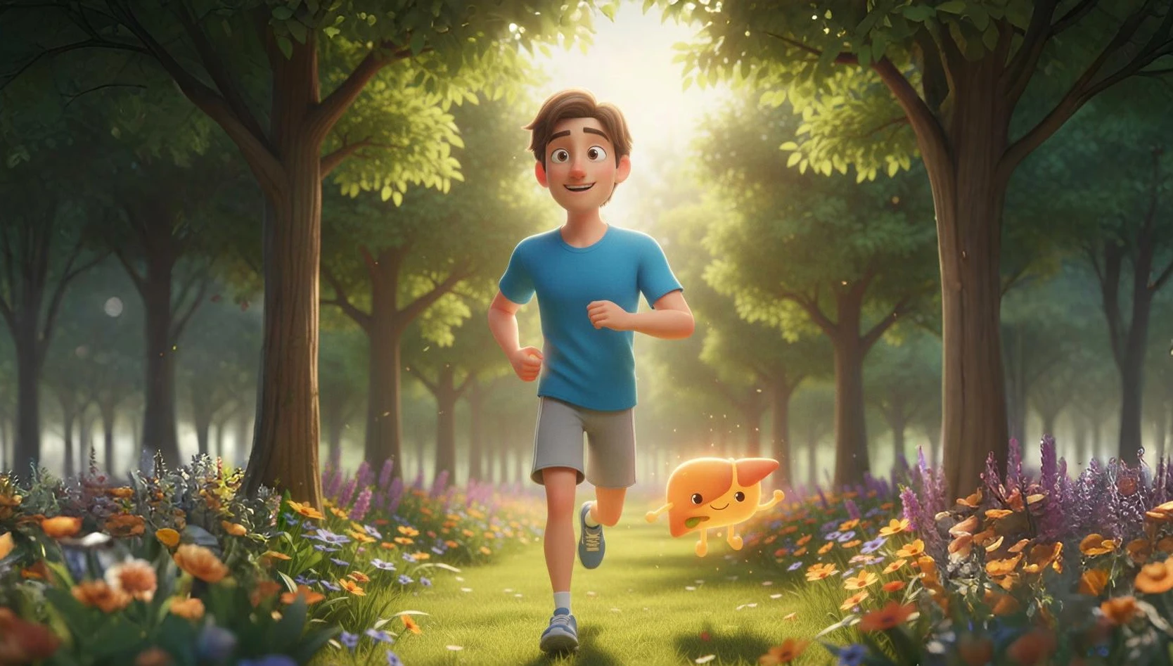 A young man in a cozy kitchen choosing between healthy fruits and junk food, guided by a cute cartoon liver character.